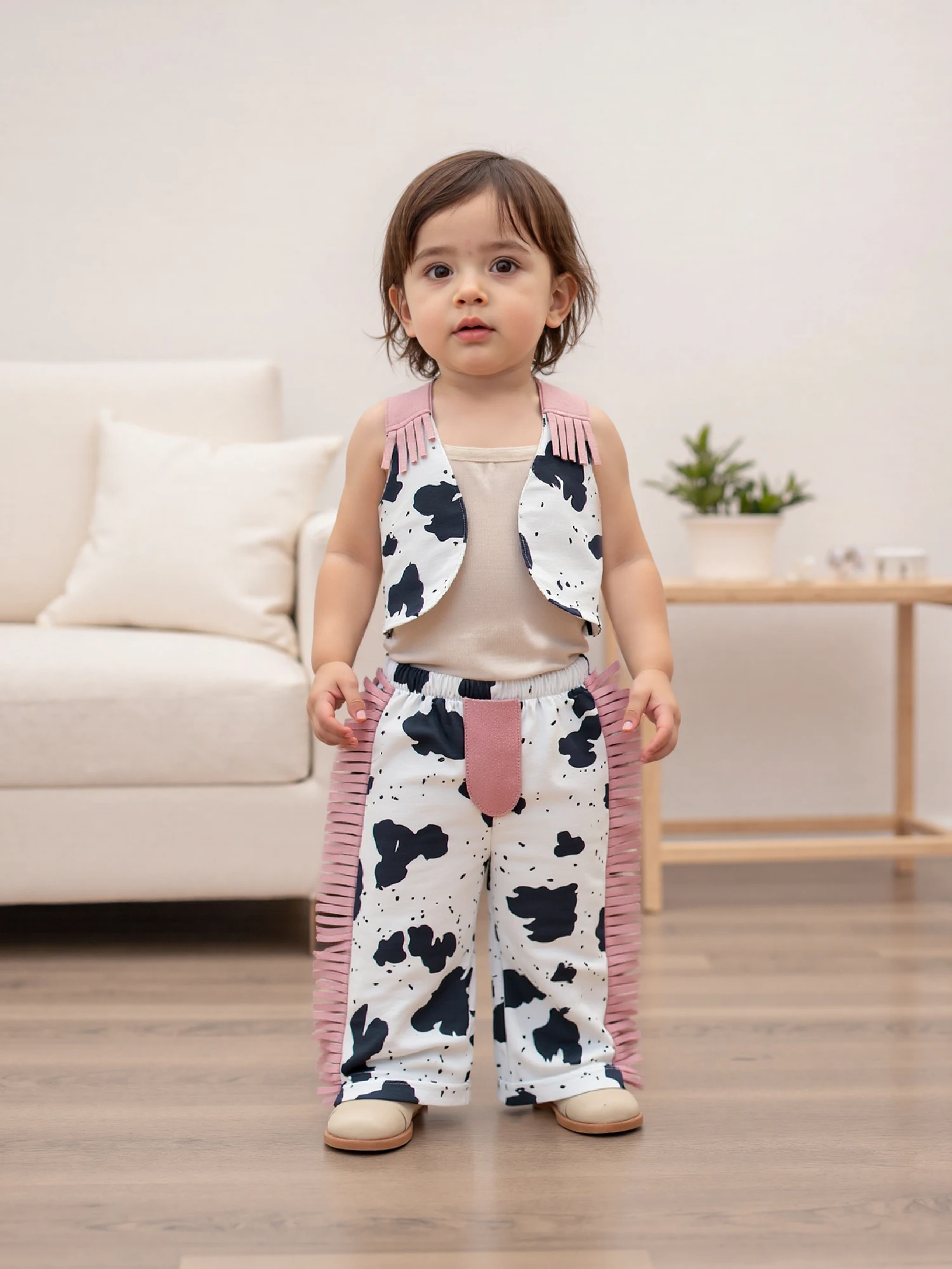 FOCUSNORM 0-4Y Mode Kinder Mädchen Kleidung Sets Outfit Ärmellose Kontrast Farbe Kuh Druck Weste mit Quasten Hosen – Detail 2