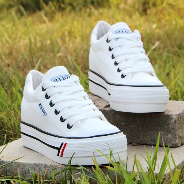 Wedge Heel Lace Up Canvas Sneakers Height Increasing Flats White Women  Shoes 43 | eBay