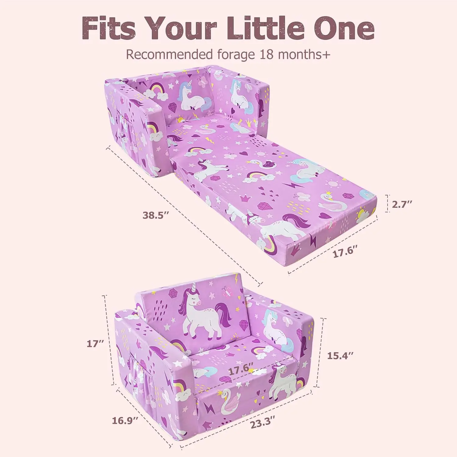 2-in-1 Toddler Sofa Fold Out, Soft Toddler Chair for Boys and Girls, Convertible Sofa to Lounger- Ideal for Napping 3