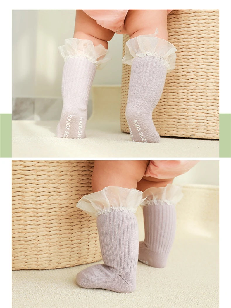 Newborn Baby Socks Infant Kids Knee High Ruffle Girls Sock Toddler Anti Slip Cotton Infant Long Frilly Lace Socks For 0-3Years