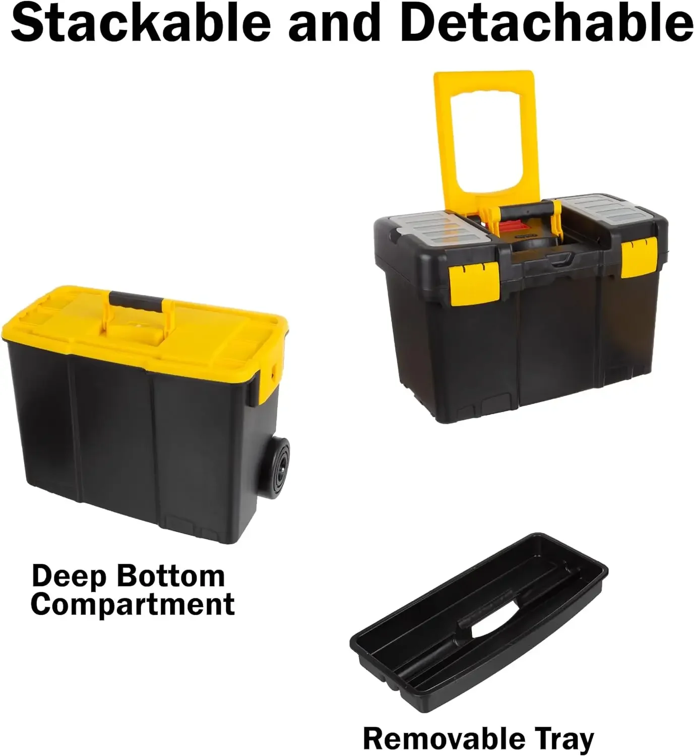 Portable Tool Box with Wheels - Stackable 2-in-1 Tool Chest with Fold-Down Comfort Handles, Tough Latches 3