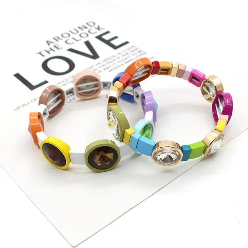 Bracelet jewelry handmade bead string rainbow color ladies enamel crystal DIY satellite stone charm