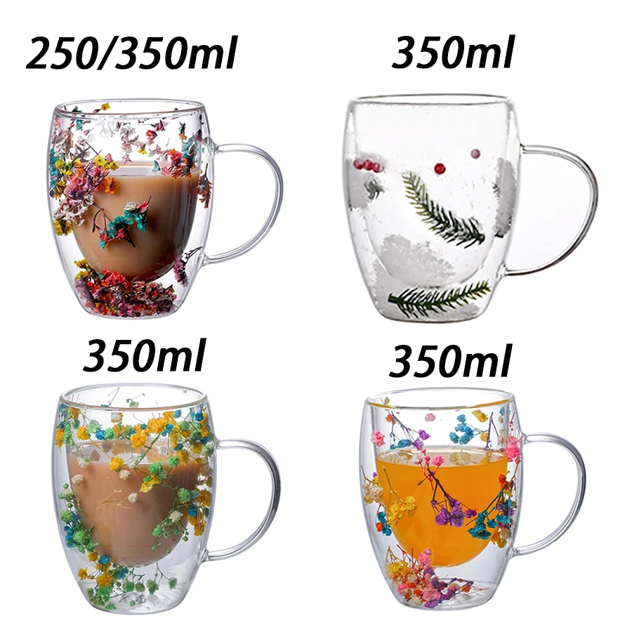 YWDL Dried Flower Double Wall Clear Glass Coffee Mugs Double