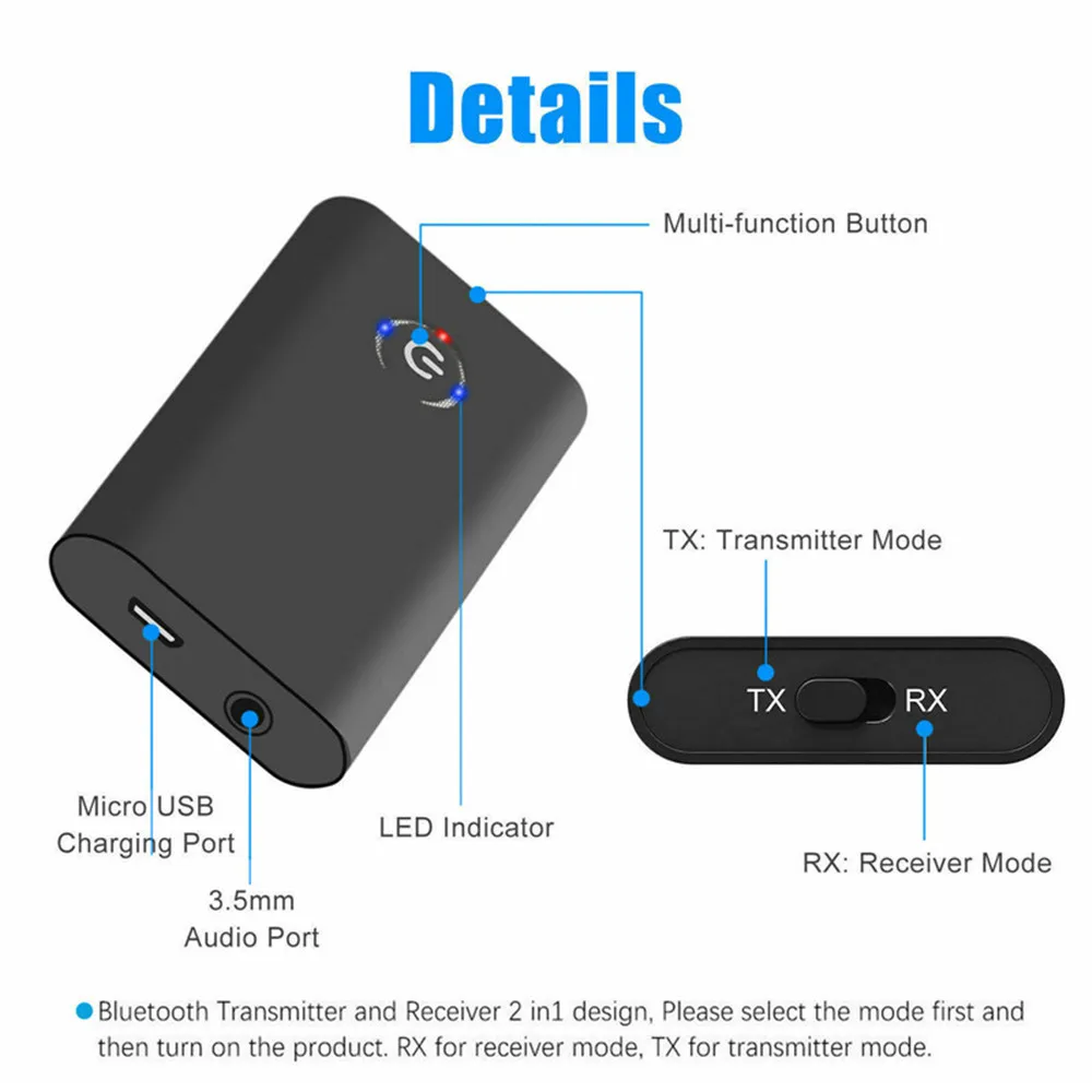 2 in 1 Bluetooth 5.0 Transmitter Receiver TV PC Car Speaker 3.5mm AUX Hifi Music Audio Adapter