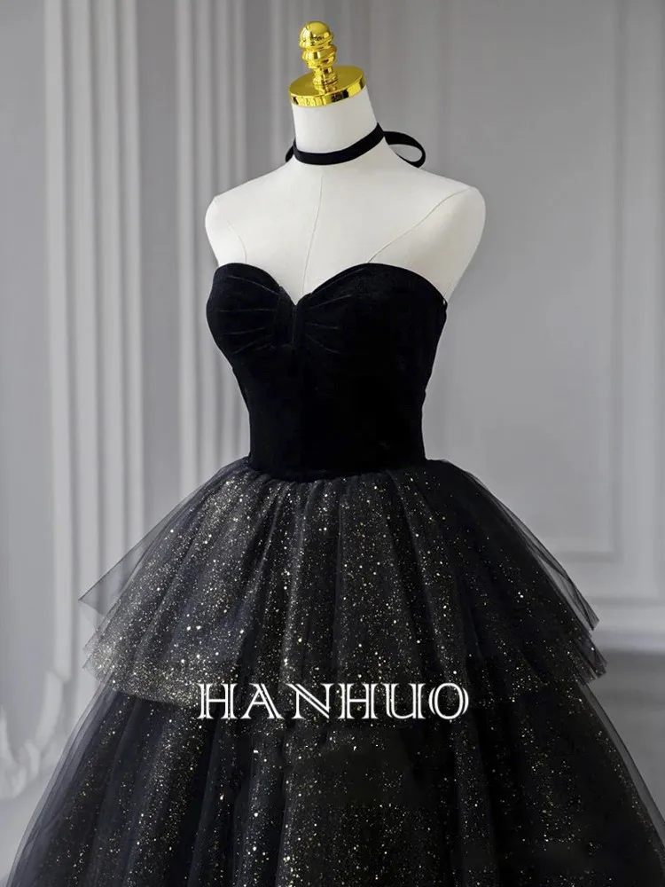 

2023 Sexy Black Elegant Glitter Strapless A-Line Tiered Women Evening Dresses Tulle Party Gown Vestido De Festa Robes De Soirée