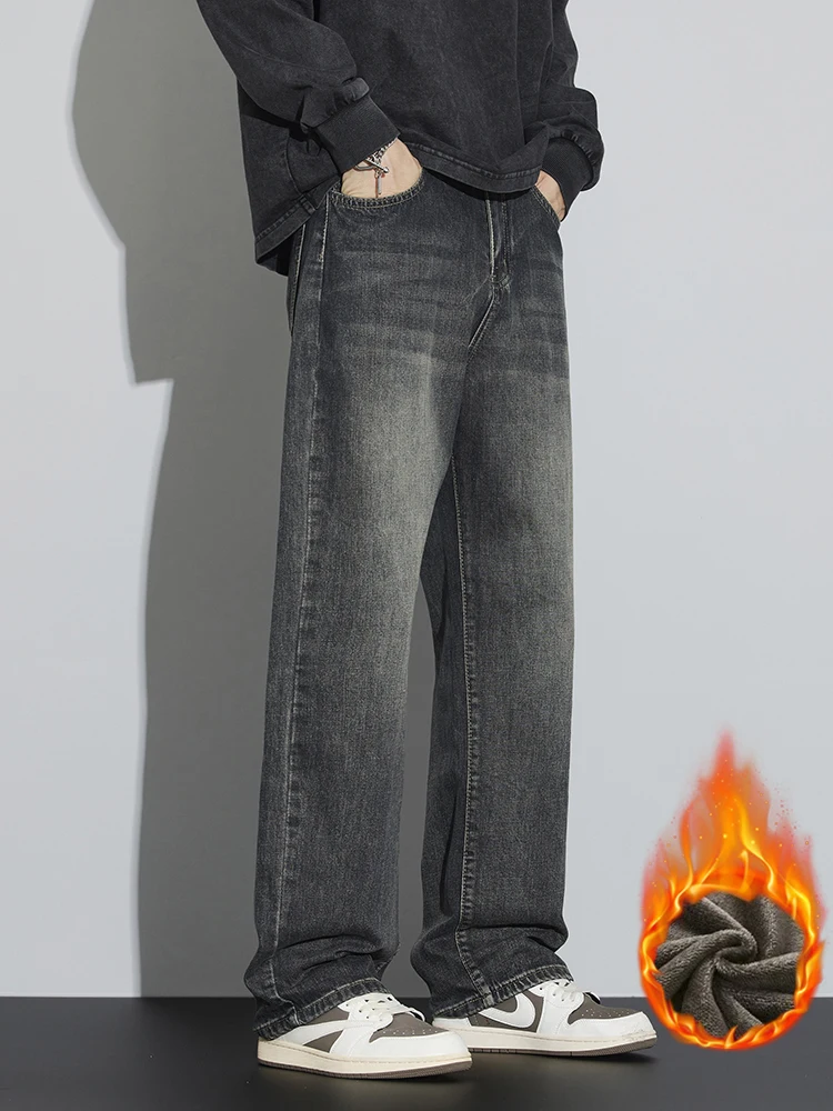 Winter New Men's Fleece Jeans Thickened Warm Fashion Korean Wide Leg Pants Baggy Straight Vintage Male Velvet Denim Trousers 2