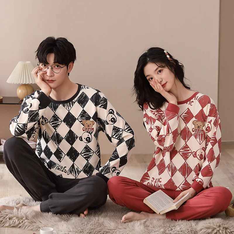 Couple Pajamas Set 100% Cotton Autumn Long Sleeves Pants Home Suit Cartoon Lovers Sleepwear Comfortable Men Female Pijamas