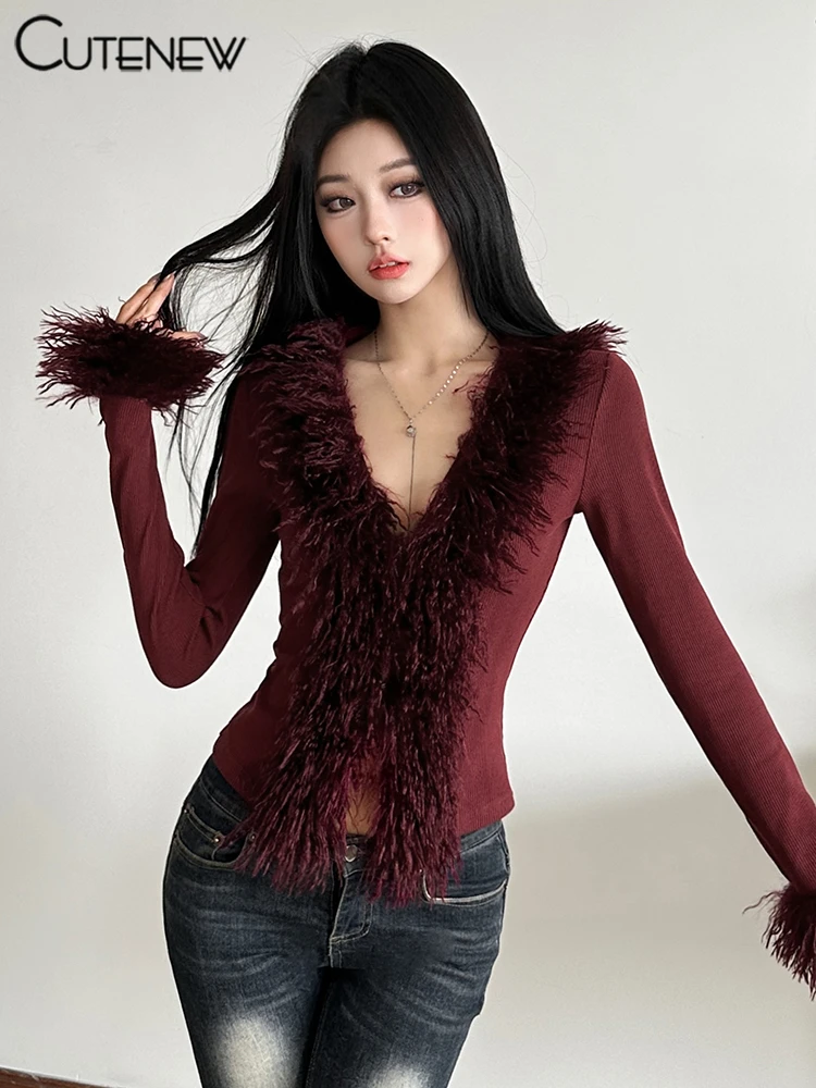 Feather Patchwork Women Tops Autumn Hipster Solid Full Sleeve V-neck Split Ribbed Slim Tee Female All-matched Streetwear