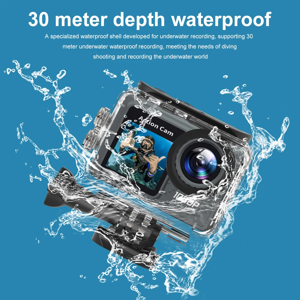 Dual Screen Camera 30m Waterproof Exercise Video Recorder 120° Wide Angle Underwater Camera with Accessories Kit 5