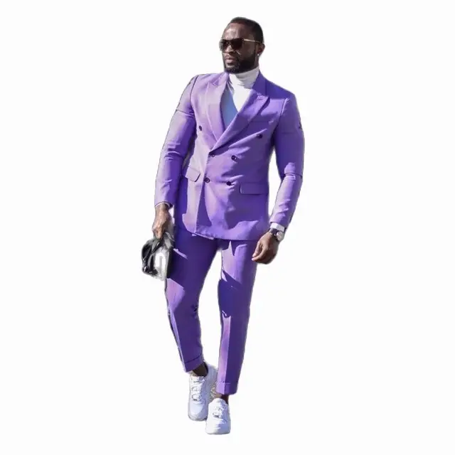 Vêtements de marié de mariage à double boutonnage personnalisés pour hommes, coupe couvertes, violet imbibé, pantalon blazer décontracté, dernier ensemble, été, 2 pièces, 03 3
