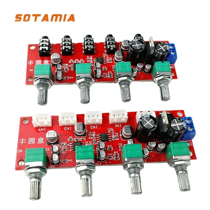SOTAMIA NE5532 Stereo Audio Signal Pre-amplifier 4 Way Input Mixer Audio Volume Control Tone Preamp Board DIY Sound Smart Home stereo sound mixer 4 channel mixer input and output mini stereo mixer with separate volume controls for headphone