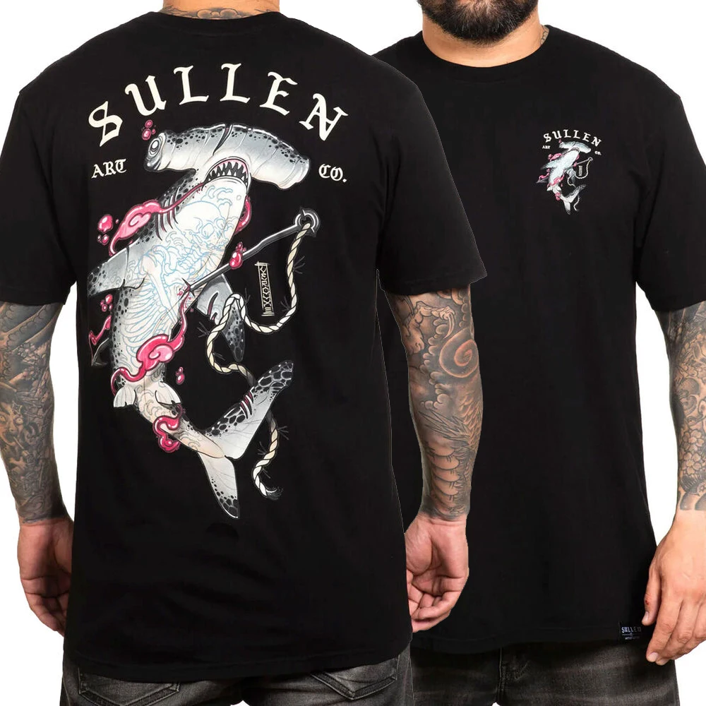 Sea Spear - Vintage Hammerheads Shark Tattoo Pattern Printed T-Shirt 100% Cotton O-Neck Summer Short Sleeve Casual Mens T-shirt