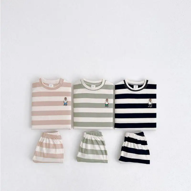Summer New Children Short Sleeve Clothes Set Boys Girls Cartoon Bear T Shirts + Shorts 2pcs Suit Kids Striped Casual Outfits