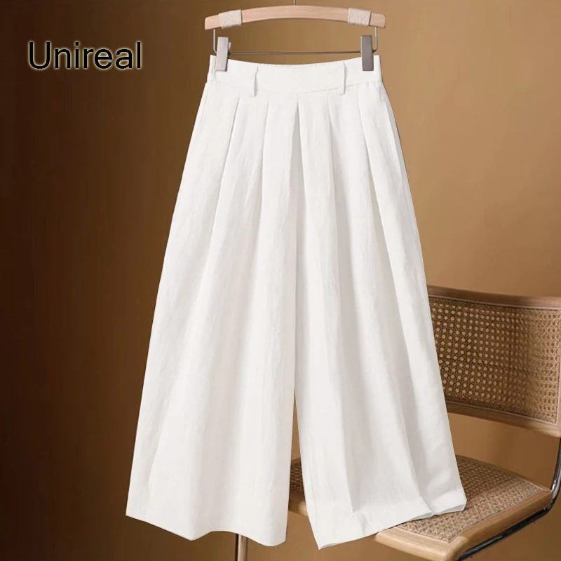 

Unireal 2022 Summer Women Wide Leg Pant Culottes High Waist Solid Pleated Elastic Casual Capri Pant Culottes Palazzo Trousers