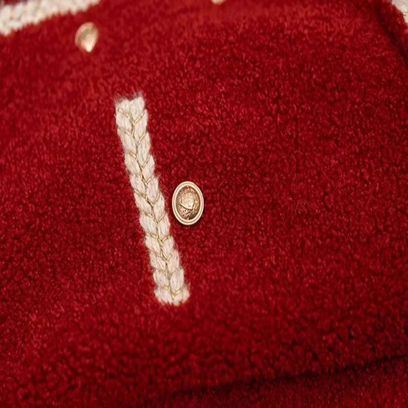 New Red Wool Coat Sweet Women Fashion Vintage Button O-neck Single Breasted Casual Long Sleeve Solid Outerwear