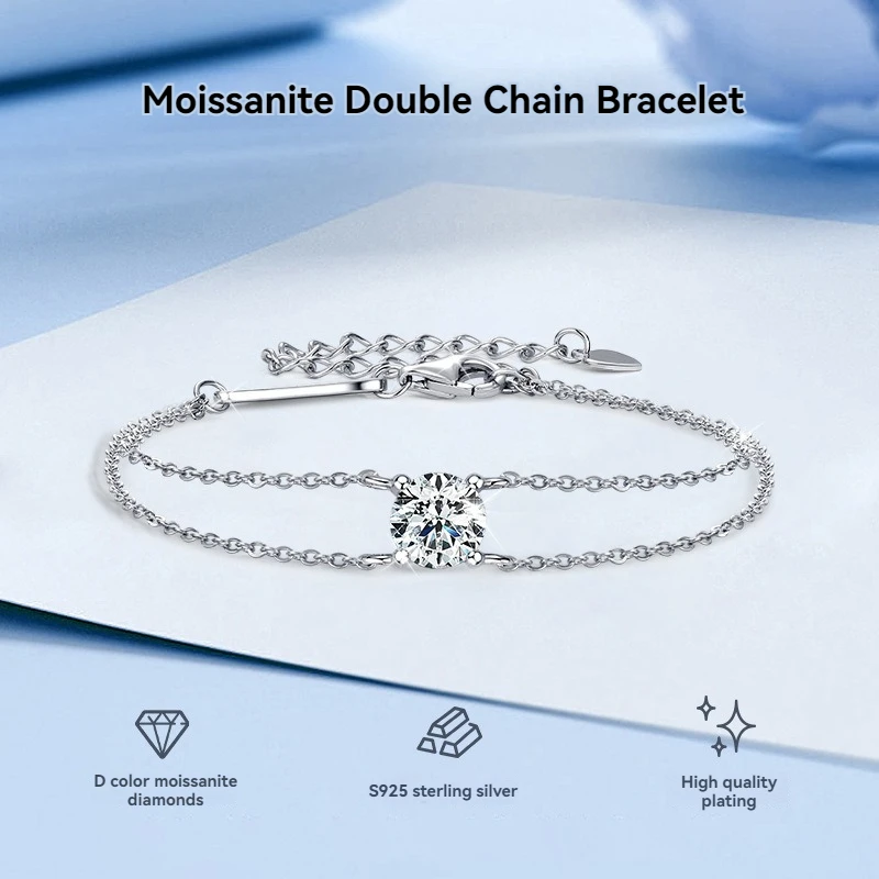 

Apasion 100% 925 Sterling Silver 1 Carat Full Moissanite Tennis Bracelets For Women Double Chain Bangle Party Fine Jewelry