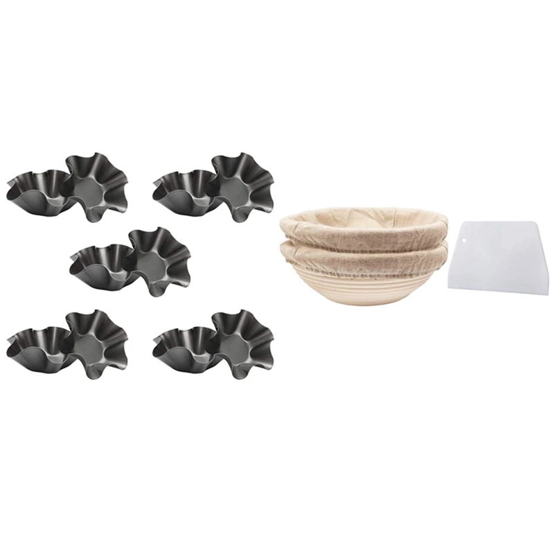 

10Pcs Tortilla Pan Set(Black) & Round Set,2 Yeast Baskets For Bread And Bread Dough, Banneton Proofing Basket