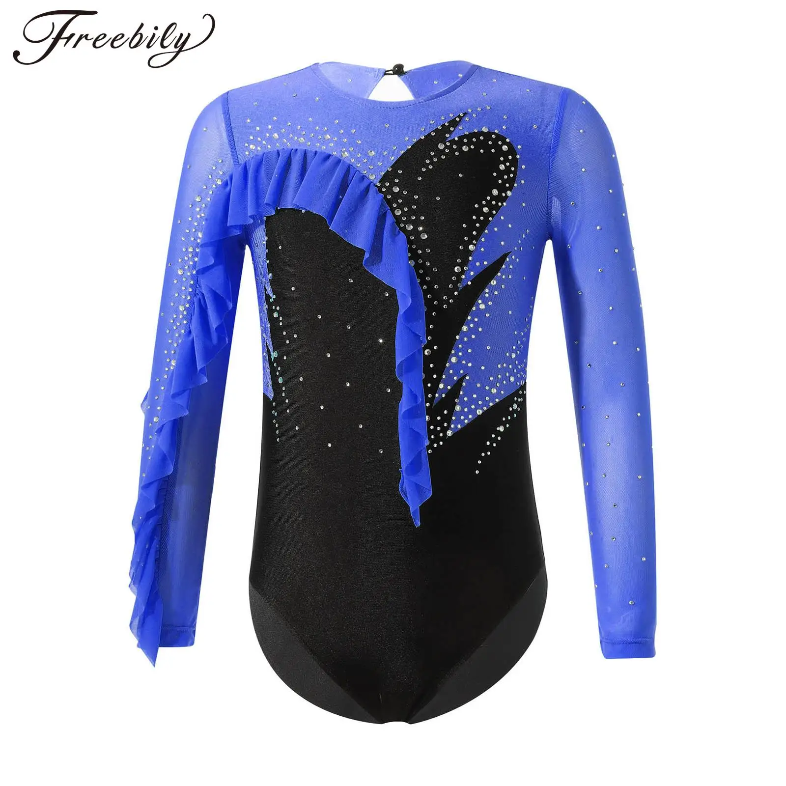 

Kids Girls Ballet Gymnastic Dance Leotards Figure Skating Training Performance Costume Long Sleeve Shiny Rhinestone Bodysuit