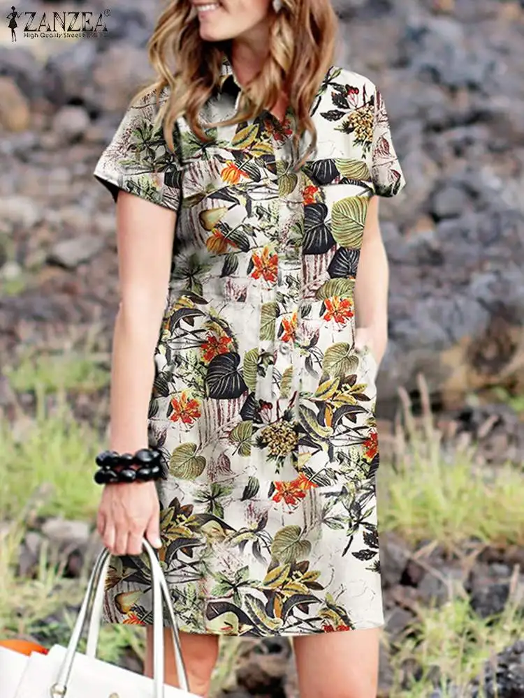 

ZANZEA Bohemian Floral Printed Dress Summer Fashion Short Sleeve Lapel Dresses Woman Casual Holiday Sundress Elegant OL Robe