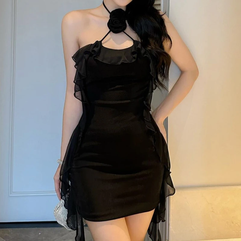 Summer Dress Women y2k Clothes Solid Color Sleeveless Backless Ruffled Tassel Mini Dress with 3D Flower Party Dresses