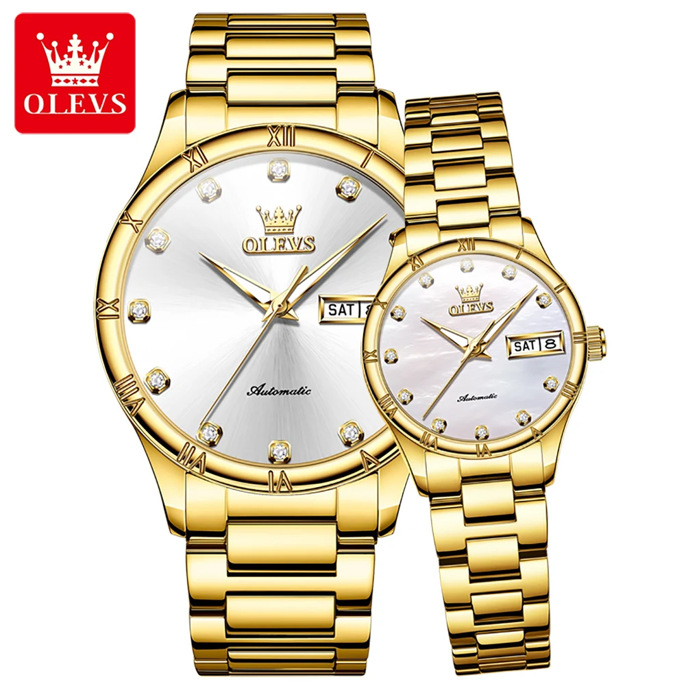 OLEVS 7030 Couple Watches Dual Calendar Fashion Roman Scale Diamond Mechanical Wristwatch Waterproof Luminous Automatic Watch