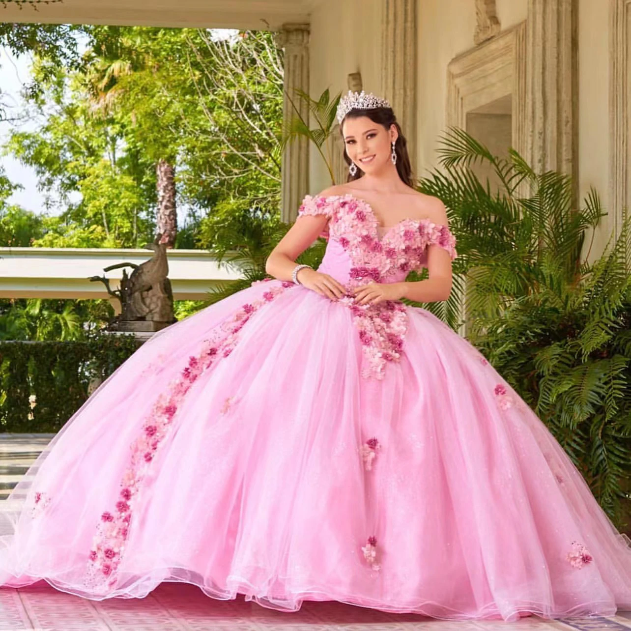 

Appliques Pink Quinceanera Dresses Vestidos De 15 Años 3D Flowers Beads Sweetheart Princess Ball Gowns Graduation Prom Dress