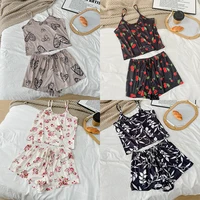 Pyjama sexy pour femmes, pyjama en satin pour femmes, imprimé, col rond, haut en soie glacée, ensemble t-shirt et short, respirant, confortable, vêtements de maison, neuf 4