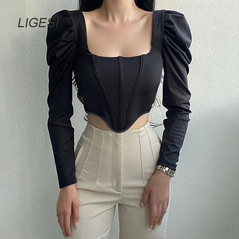 

2020 Fall Corset Women Tops Elegant Black Velvet Blouses Shirts Square Collar Puff Long Sleeve Shirt Vintage Tops