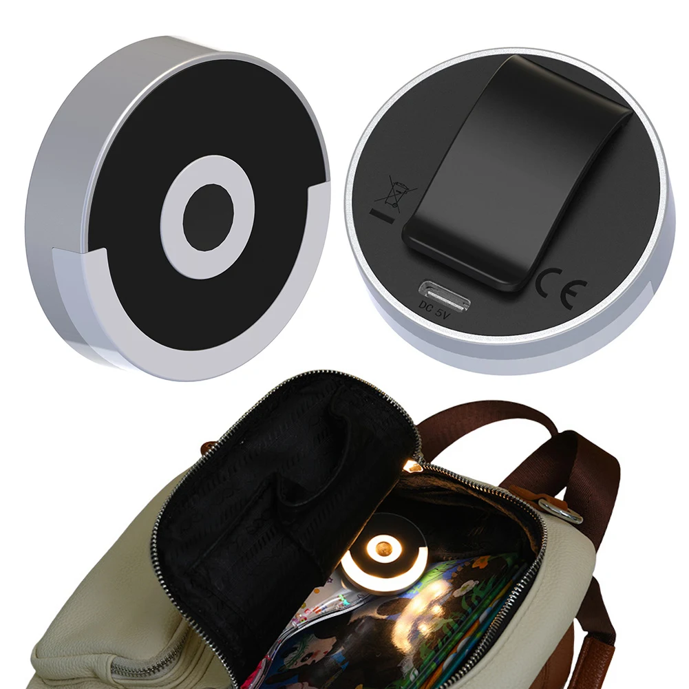 Handbag Light with Automatic Sensor Mini LED Purse Light Touch Control Round Bag Lights with Back Clip Bag Lamp Accessories
