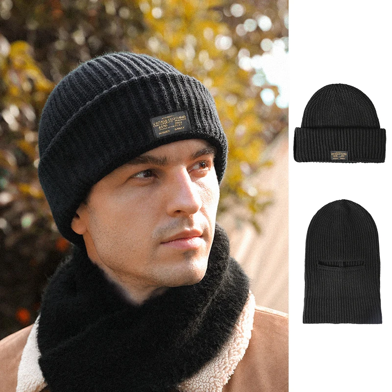 Winter Knitted Balaclava Beanie Hat For Men 2 In 1 Full Face Cover Mask Ski Skate Cap Tactical Riding Earmuffs Bonnet Headgear