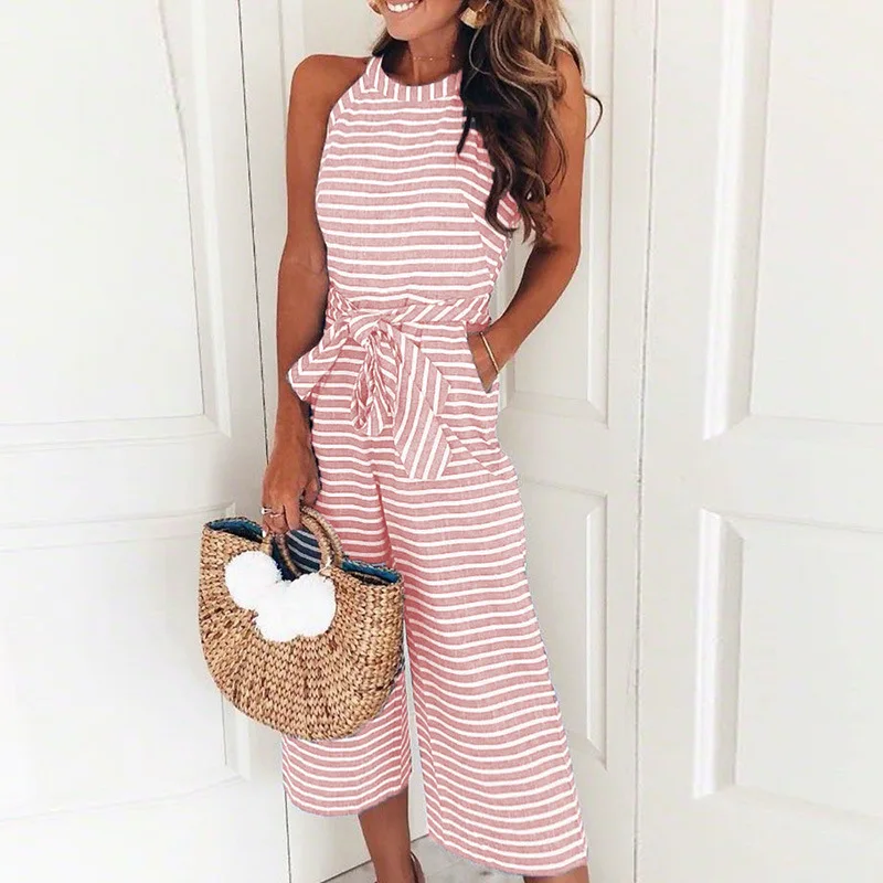 Rompers Women Striped Printed Lace-up Pocket O-neck Sleeveless Long Wide Leg Pants Summer Black Pink Overalls Female 2024 indie
