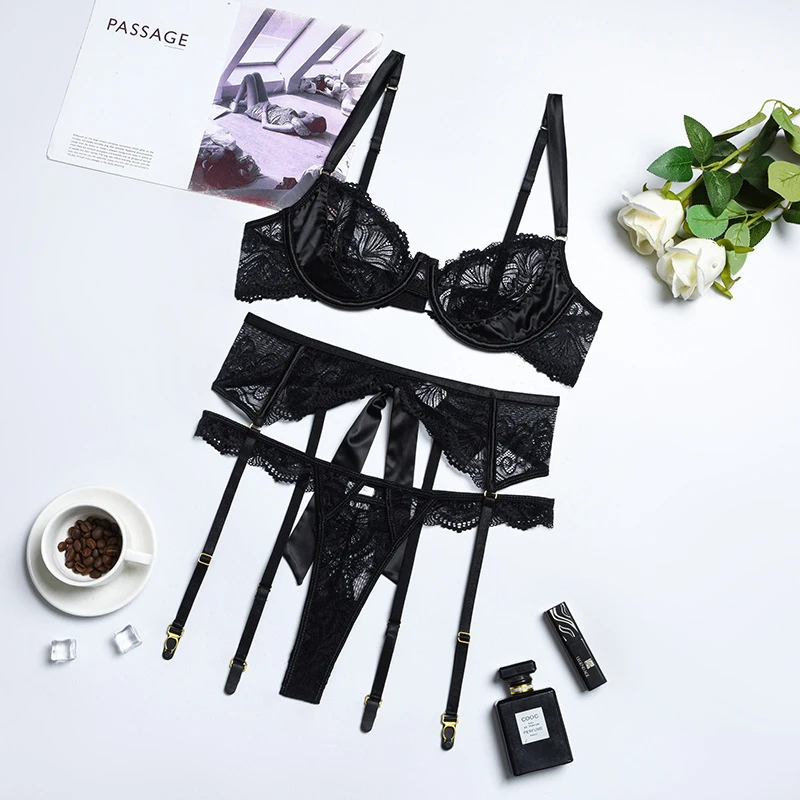 sexy bra set 3 Pcs Lace Bra Set Women Embrodiery Lingerie Floral Bra And Panties Underwear Set plus size underwear sets