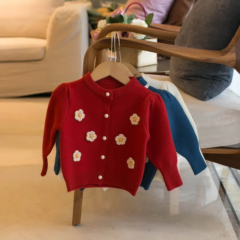 

Ins Winter Kid Girls Knitwear Soft Thichened Flower Embroidery Pearl Botton Baby Girls Sweaters Velvet Plush Children Girls Coat