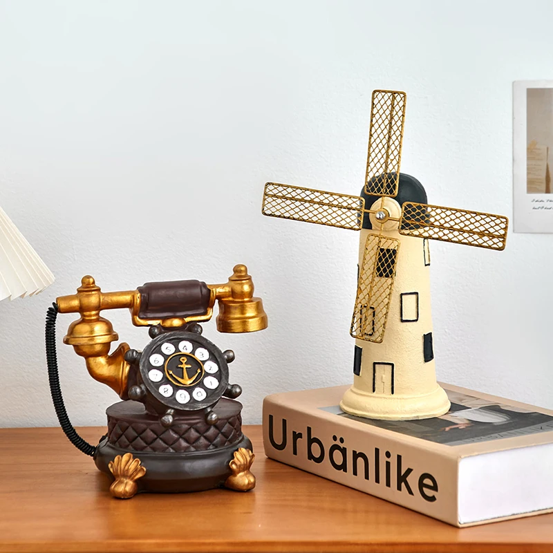 

Retro Telephone Figurine Home Decoration Crafts Vintage Windmill Miniatures Classical Interior Cabinet Bookcase Ornament Gift