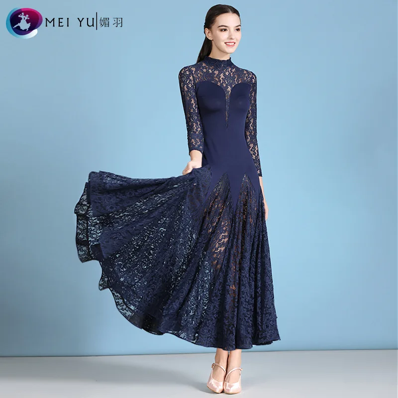 

Adult Modern Dance Dress MY824 Lace Long-sleeved National Standard Dance Costume Dress Waltz Ballroom Dance Costume