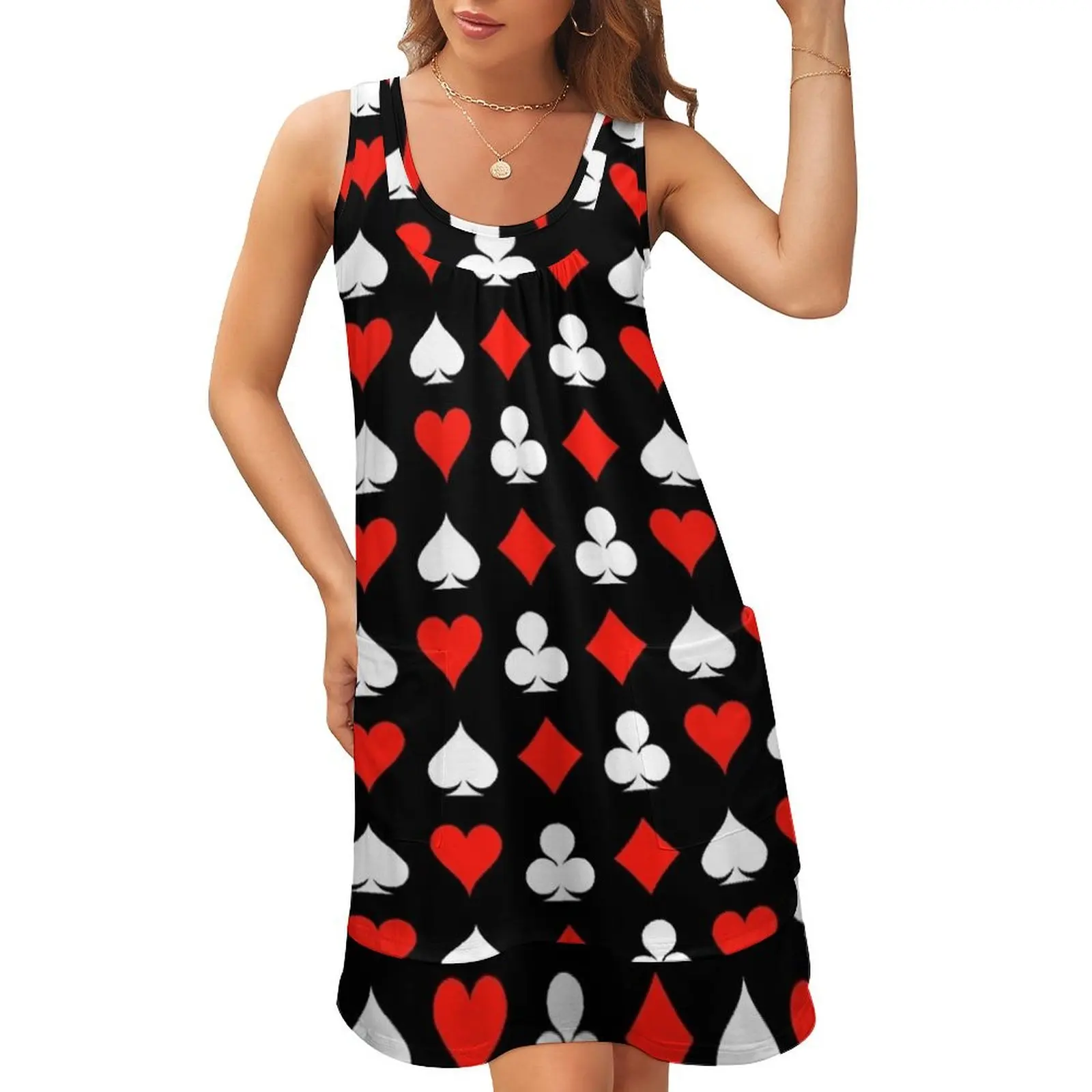 

Poker Pattern Sleeveless U-Neck Fake Two Piece Dress luxury dresses women long dresses