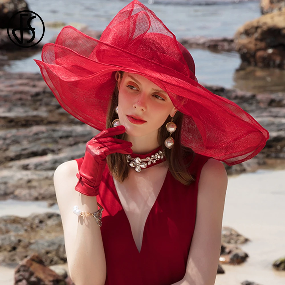 chinese dress ladies Red Wide-Brim Hat with Crystal Bow – Elegant Formal Headwear main image 0