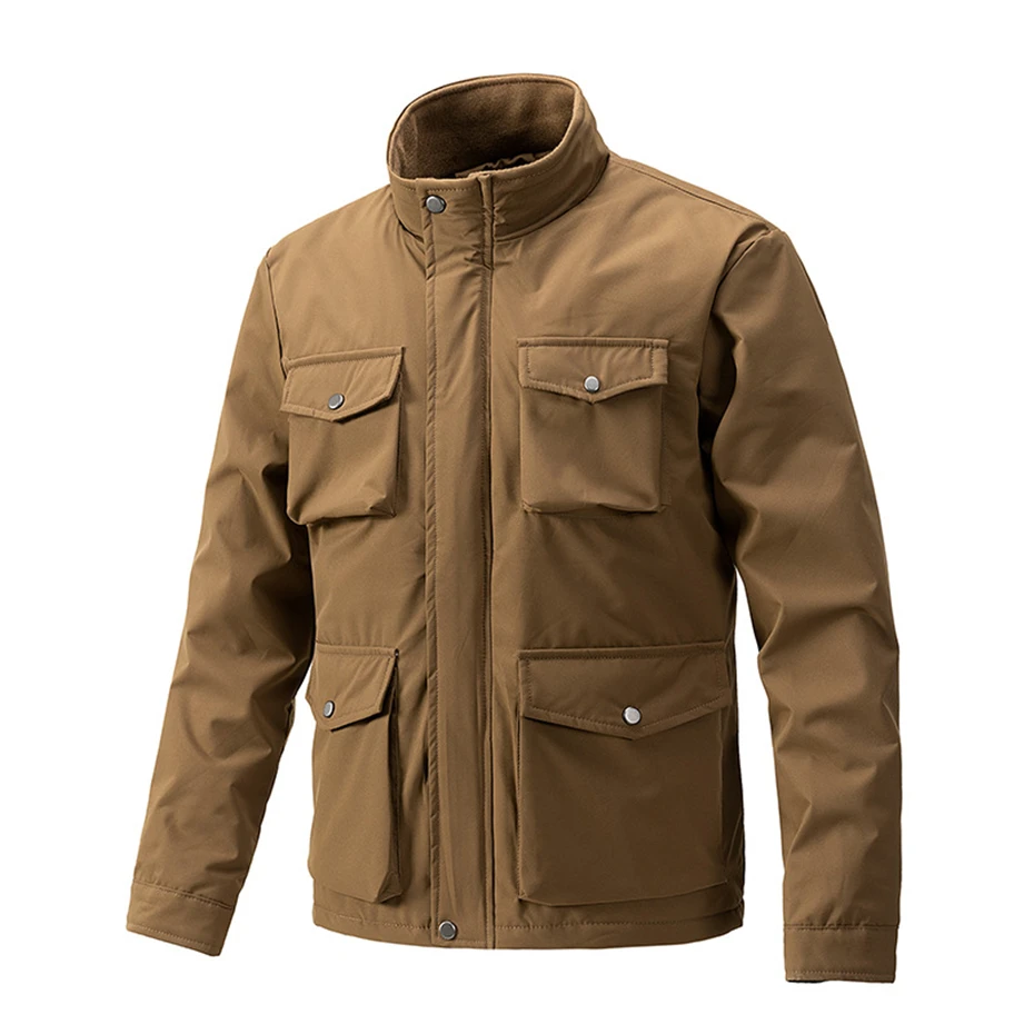 Stand Collar Cargo Jacket Men Autumn Winter Warm Thcik Jacket Coat Male Fashion Casual Solid Color Jackts Coats Black Green