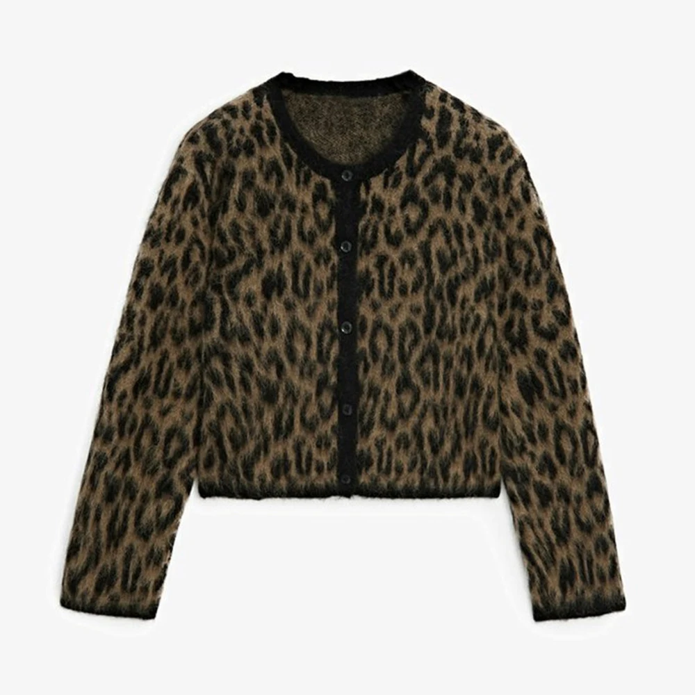 Tuularose Women's Leopard Print Cardigan Loose Casual Knitted Printed Long Sleeve Jacket Y2k Retro Autumn Warm Cardigan Top Lady 5