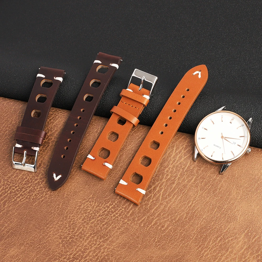 Vintage Genuine Leather Racing Watch Band with Quick Release and Breathable Design, Handmade Stitching