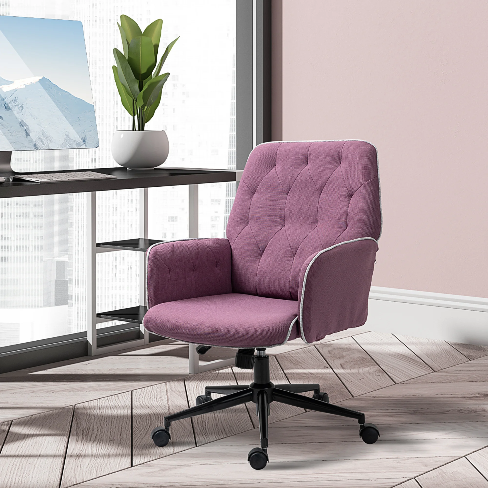 Vinsetto Velvet Home Office Chair, Button Tufted Desk Chair with Padded Armrests, Adjustable Height and Swivel Wheels, Black 2
