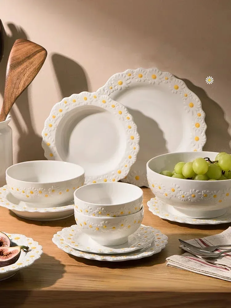 Daisy Dinner Set Ceramic Tableware Salad Soup Bowl Rice Dessert Dish Coffee Plate Cup Saucer Dinner Mug Set Dinnerware