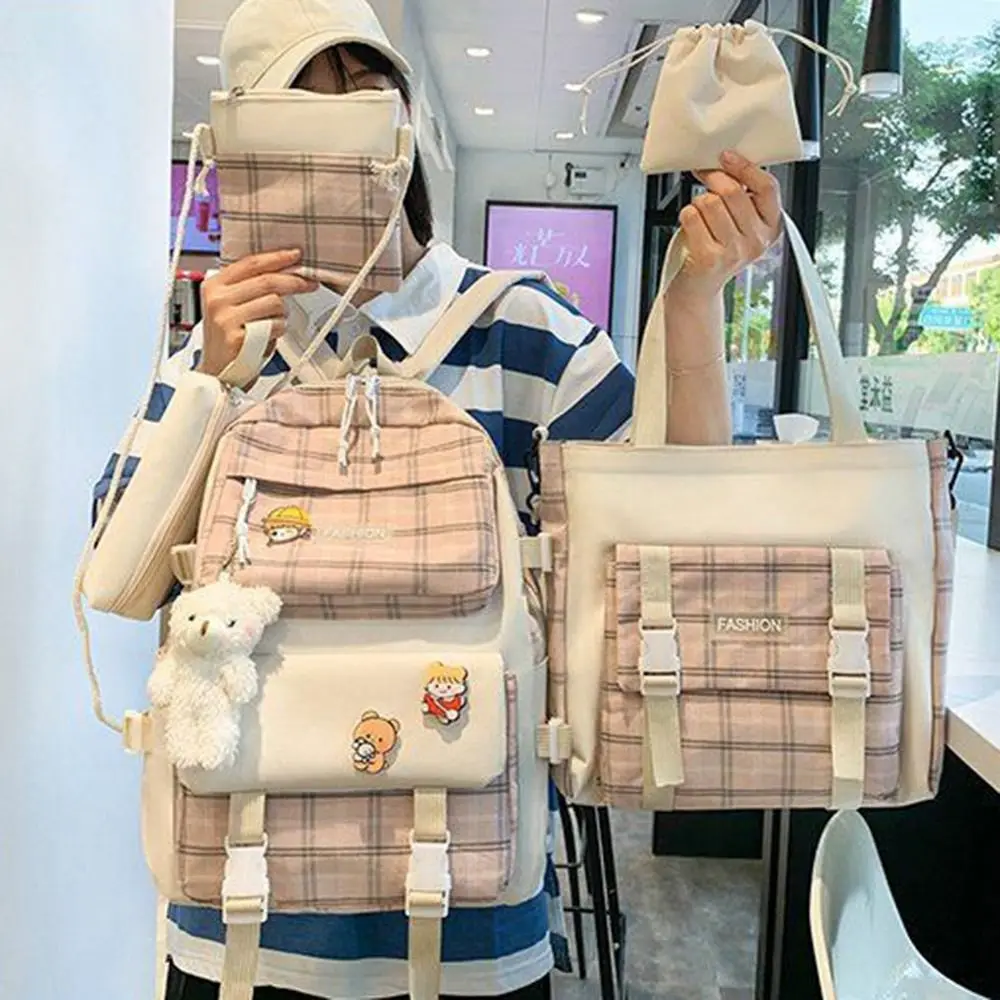 Backpack Japanese Cute Plaid Primary School Schoolbag Women's Korean Version Trend Backpack Five Piece Set Backpack 3