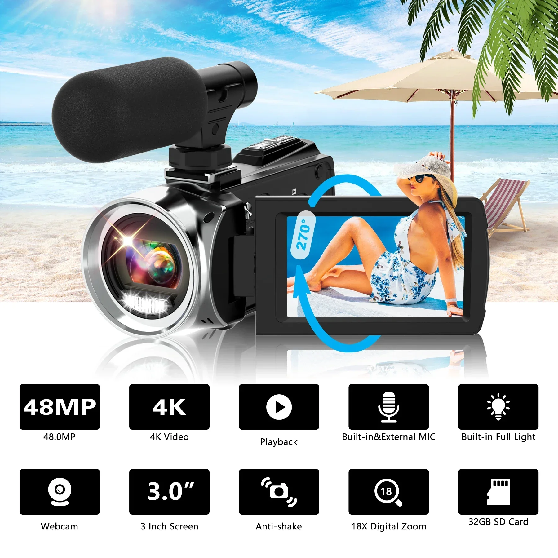 4K Camcorder with Microphone 18X Zoom Infrared Vlogging Video Camera for Youtube 48MP Portable Digital Recorder Live Streaming - 4
