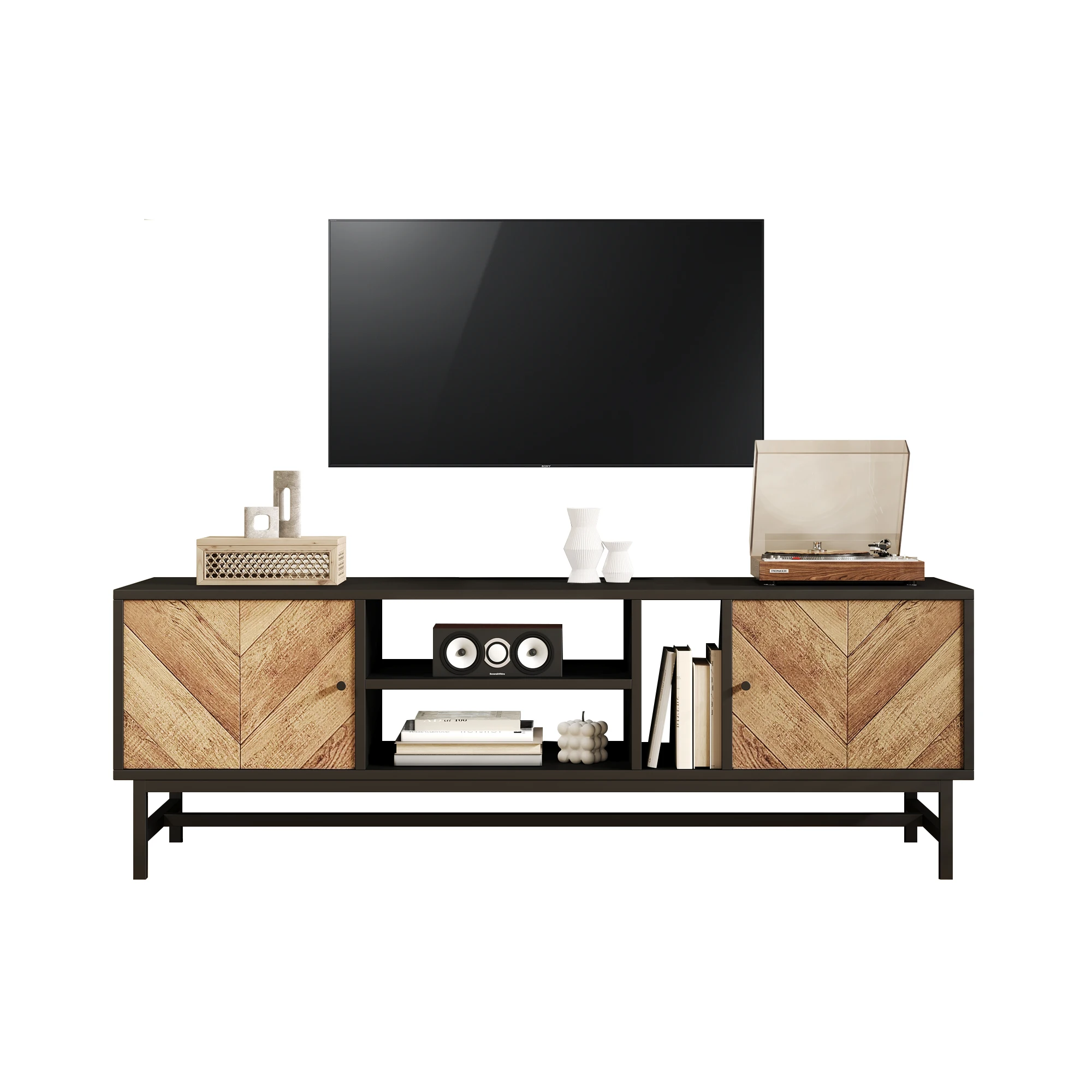 PINGGO TV-Schrank, schwarzes Holz, kontrastierend, vielseitige Aufbewahrung, modern, minimalistisch – Detail 11