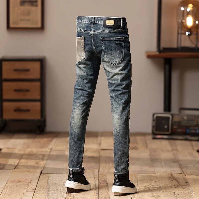 2024 New Motorcycle Jeans Men's Personality Embroidery Stitching Trousers Casual Fashion Retro Distressed Skinny Pants