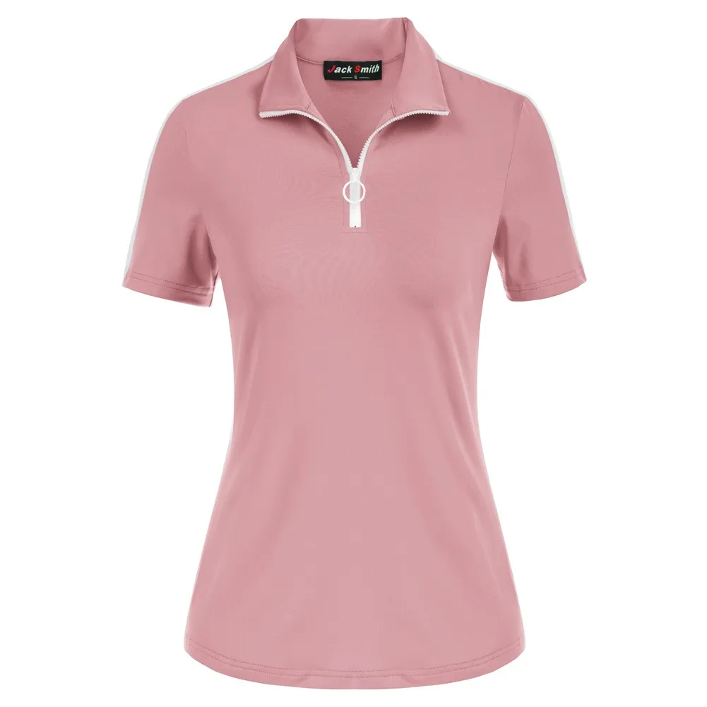 

JS Women Contrast Color Sports Tops Short Sleeve Zip-up Neck Golf Sports T-Shirt Slim Fit Quick Dry Breathable Sportswear A30