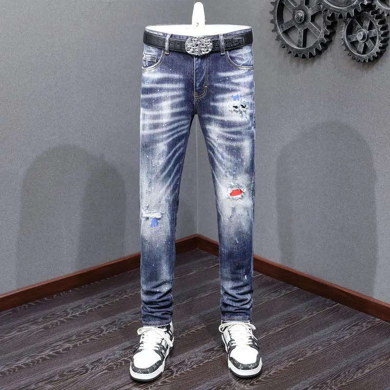 

High Street Fashion Men's Jeans Vintage Blue Elastic Slim Fit Split Painted Jeans Men's Designer Brand denim pants Hombr
