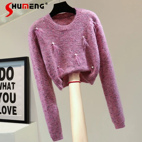 

Feather Stitching Long-Sleeved Knit Top Women 2023 Autumn Winter Korean Style Slimming High Waist Short Diamond Floral Sweater