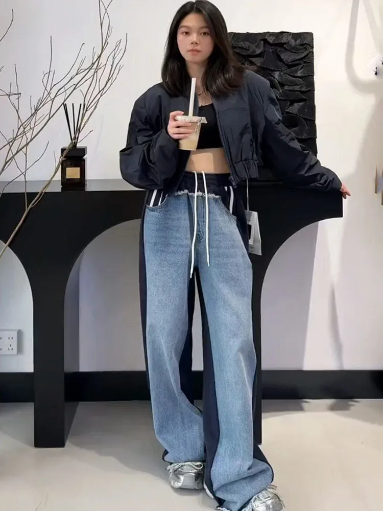 Retro Faionable Slimming Elastic Waist Straight Leg Denim Sweatpants Women's Loose Color Blo Casual Pants High Waist